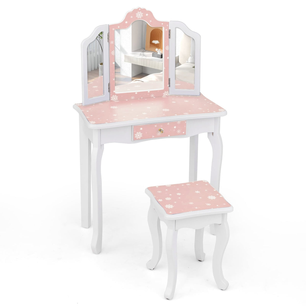 Princess Pretend Play Makeup Table and Stool Set with Tri-folding Mirror-Pink-Kids Vanities-DECOROLALA
