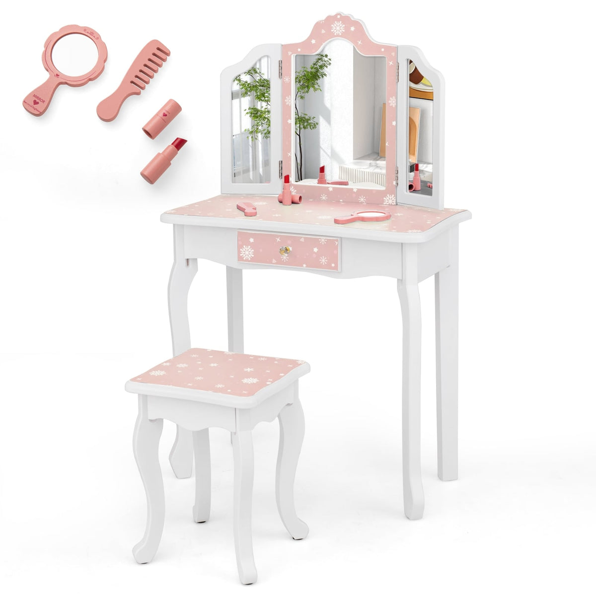 Princess Pretend Play Makeup Table and Stool Set with Tri-folding Mirror-Pink-Kids Vanities-DECOROLALA