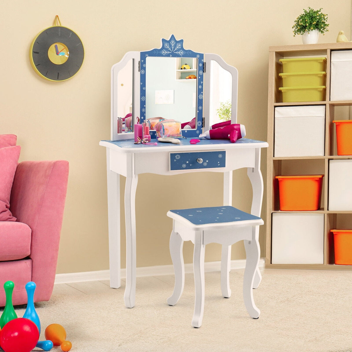 Princess Vanity Table and Chair Set with Tri-Folding Mirror and Snowflake Print-Blue-Kids Vanities-DECOROLALA