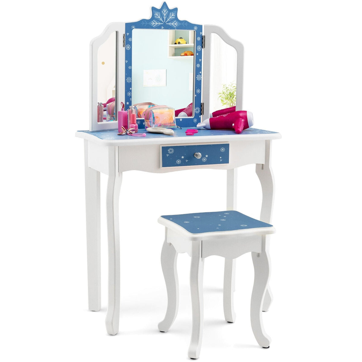 Princess Vanity Table and Chair Set with Tri-Folding Mirror and Snowflake Print-Blue-Kids Vanities-DECOROLALA