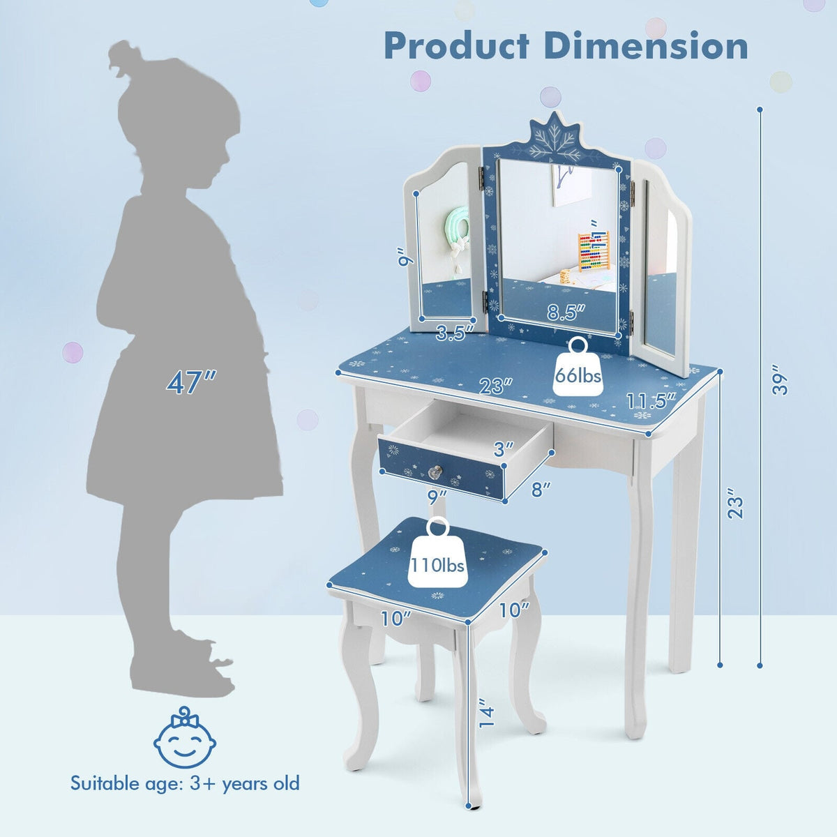 Princess Vanity Table and Chair Set with Tri-Folding Mirror and Snowflake Print-Blue-Kids Vanities-DECOROLALA