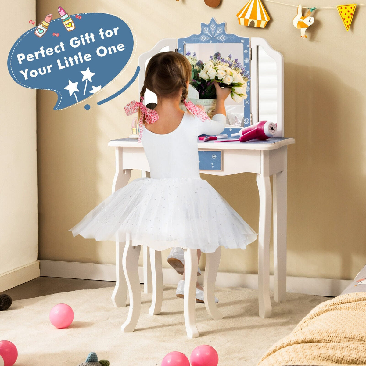 Princess Vanity Table and Chair Set with Tri-Folding Mirror and Snowflake Print-Blue-Kids Vanities-DECOROLALA
