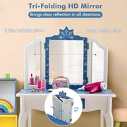 Princess Vanity Table and Chair Set with Tri-Folding Mirror and Snowflake Print-Blue-Kids Vanities-DECOROLALA