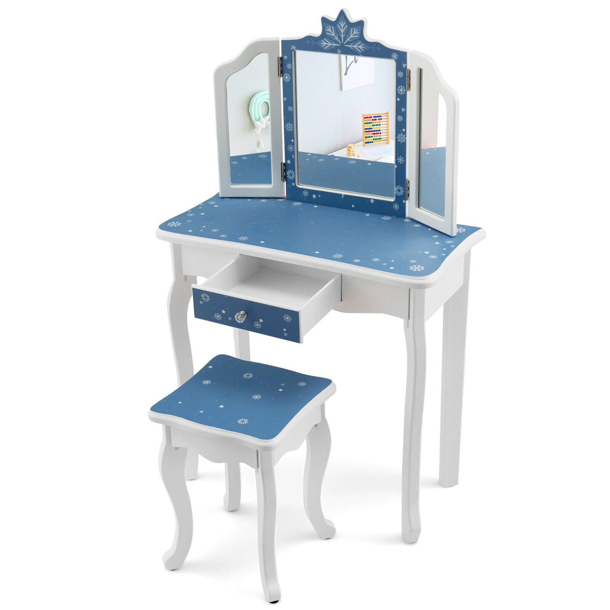 Princess Vanity Table and Chair Set with Tri-Folding Mirror and Snowflake Print-Blue-Kids Vanities-DECOROLALA