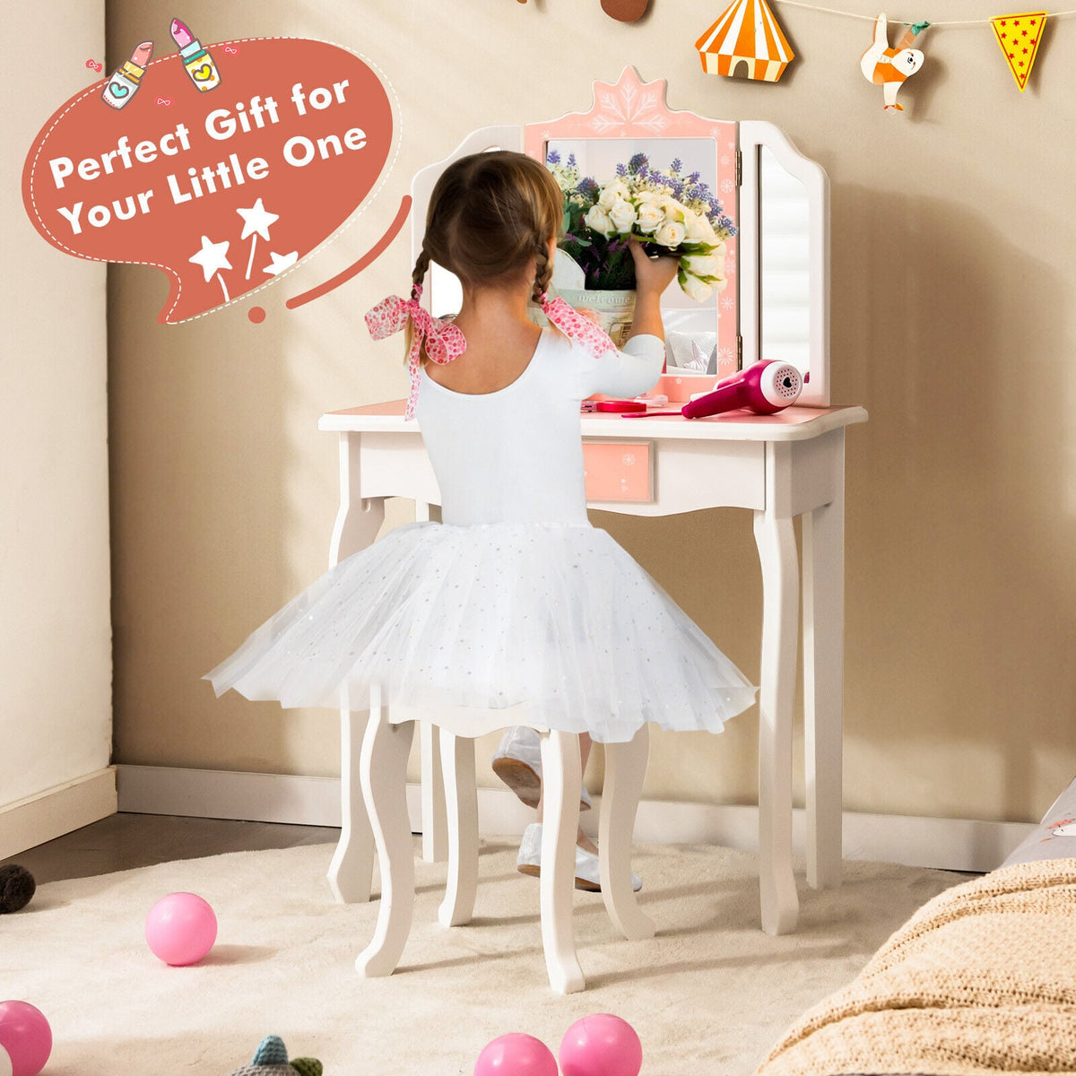 Princess Vanity Table and Chair Set with Tri-Folding Mirror and Snowflake Print-Pink-Kids Vanities-DECOROLALA