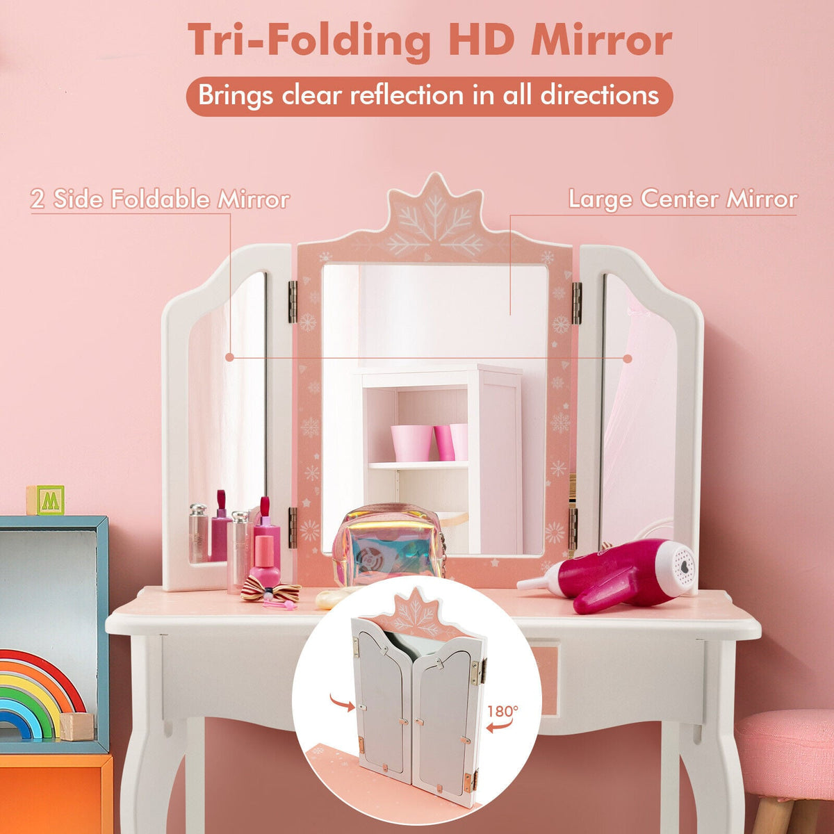 Princess Vanity Table and Chair Set with Tri-Folding Mirror and Snowflake Print-Pink-Kids Vanities-DECOROLALA