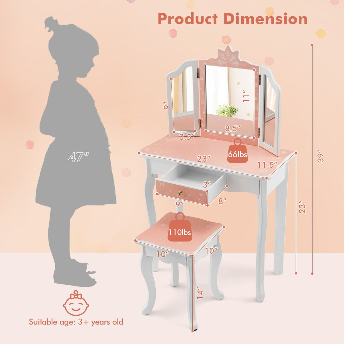 Princess Vanity Table and Chair Set with Tri-Folding Mirror and Snowflake Print-Pink-Kids Vanities-DECOROLALA
