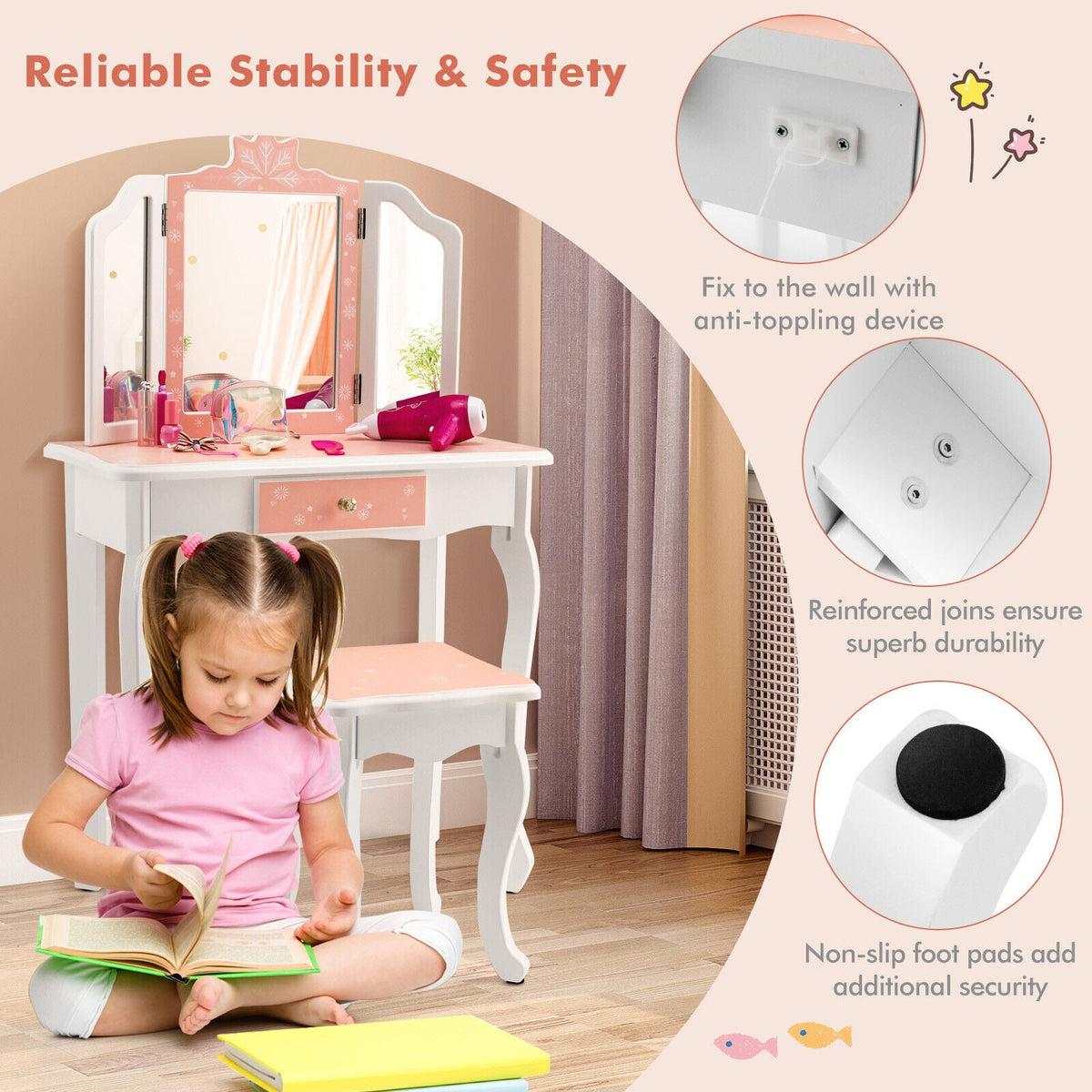 Princess Vanity Table and Chair Set with Tri-Folding Mirror and Snowflake Print-Pink-Kids Vanities-DECOROLALA