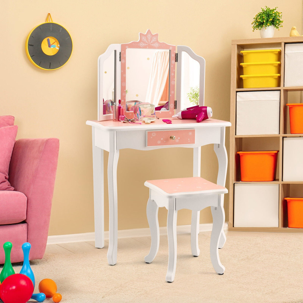 Princess Vanity Table and Chair Set with Tri-Folding Mirror and Snowflake Print-Pink-Kids Vanities-DECOROLALA