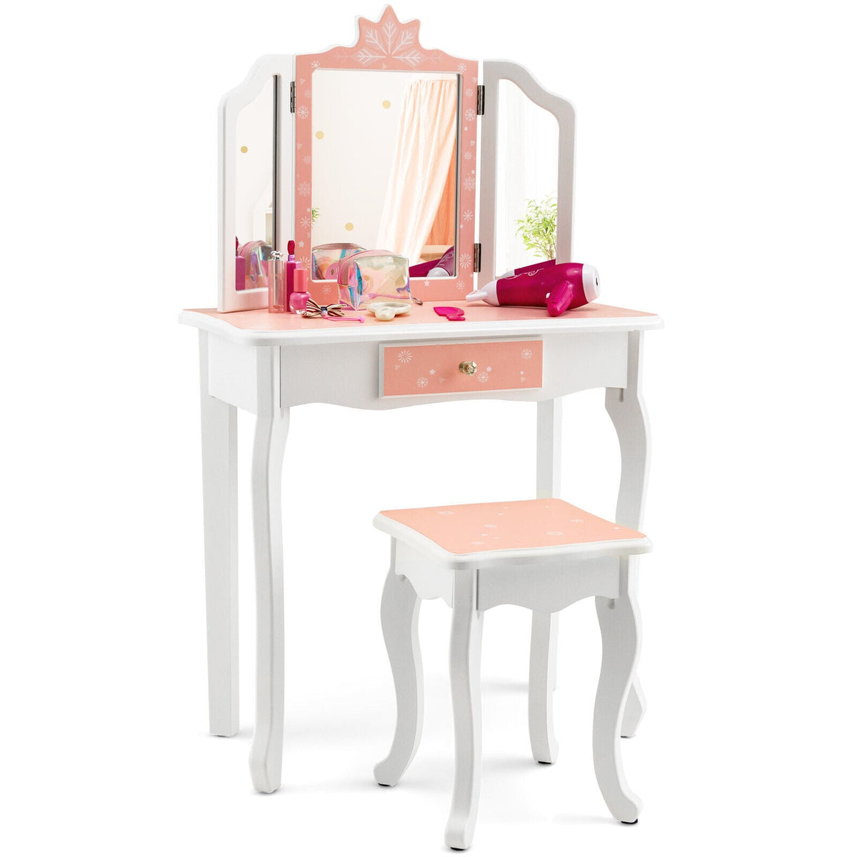 Princess Vanity Table and Chair Set with Tri-Folding Mirror and Snowflake Print-Pink-Kids Vanities-DECOROLALA