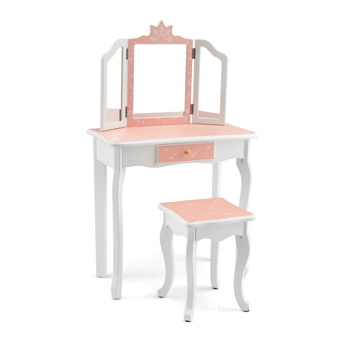 Princess Vanity Table and Chair Set with Tri-Folding Mirror and Snowflake Print-Pink-Kids Vanities-DECOROLALA