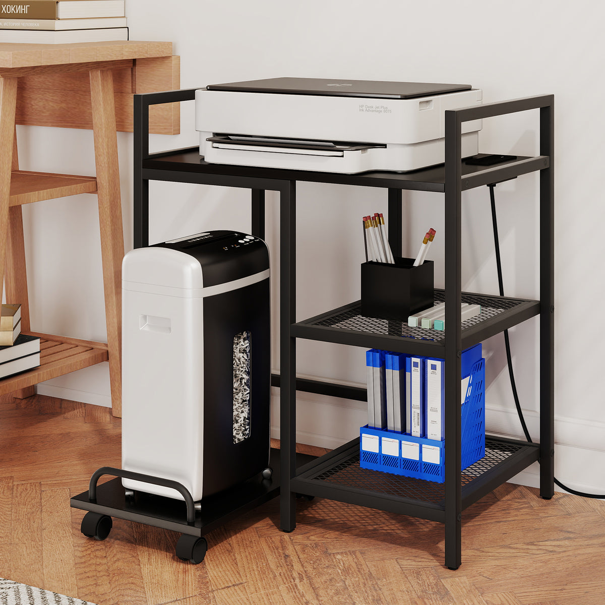 Printer Stand with Charging Station and Storage Shelves-Black-Laptop Tables & Printer Stands-DECOROLALA