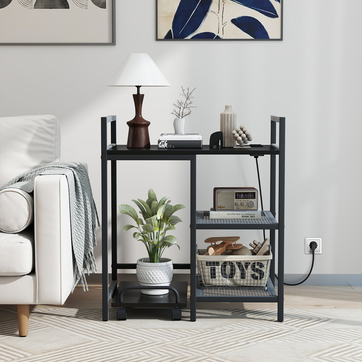 Printer Stand with Charging Station and Storage Shelves-Black-Laptop Tables & Printer Stands-DECOROLALA
