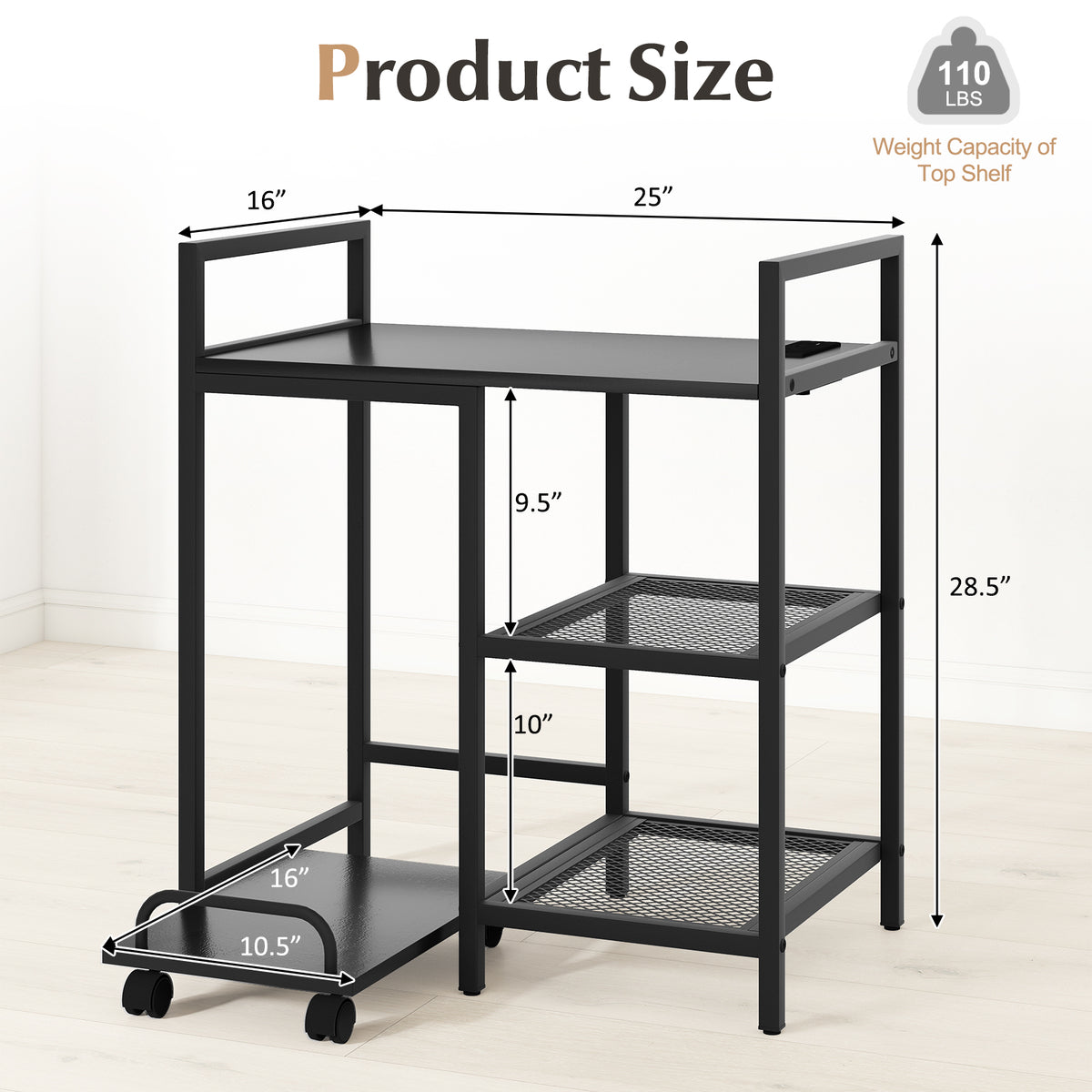 Printer Stand with Charging Station and Storage Shelves-Black-Laptop Tables & Printer Stands-DECOROLALA
