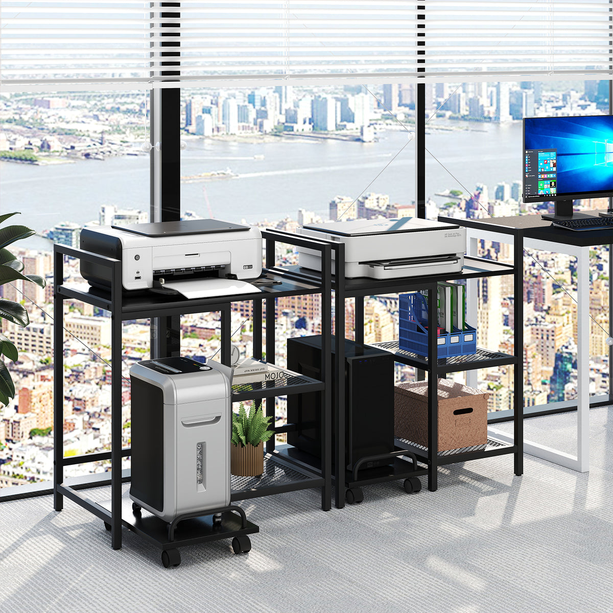 Printer Stand with Charging Station and Storage Shelves-Black-Laptop Tables & Printer Stands-DECOROLALA