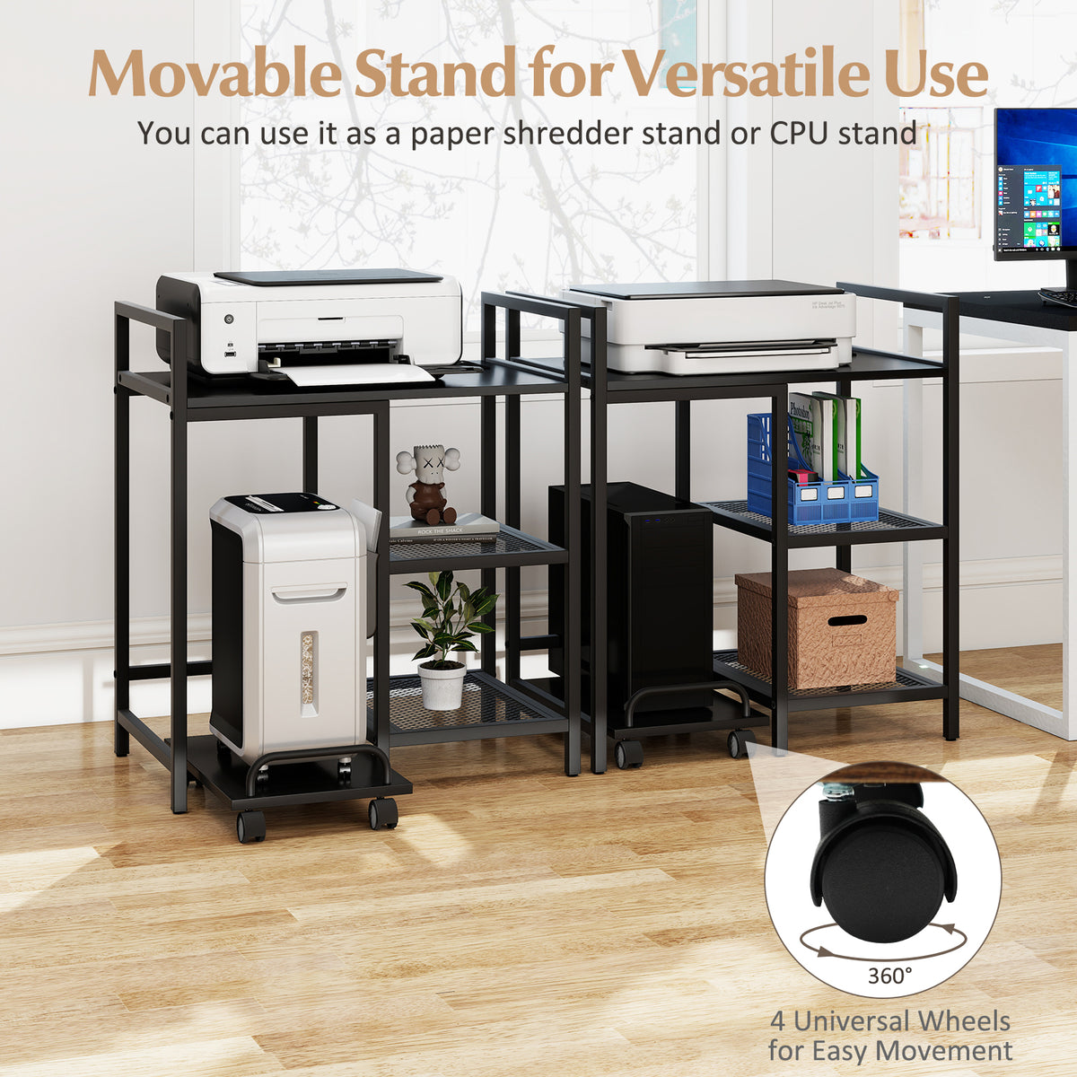 Printer Stand with Charging Station and Storage Shelves-Black-Laptop Tables & Printer Stands-DECOROLALA