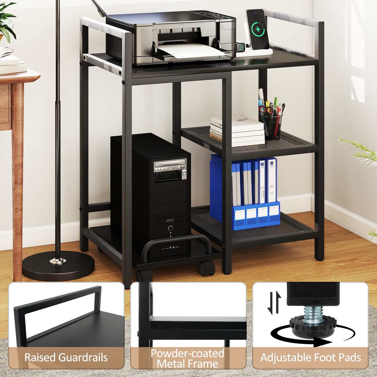 Printer Stand with Charging Station and Storage Shelves-Black-Laptop Tables & Printer Stands-DECOROLALA