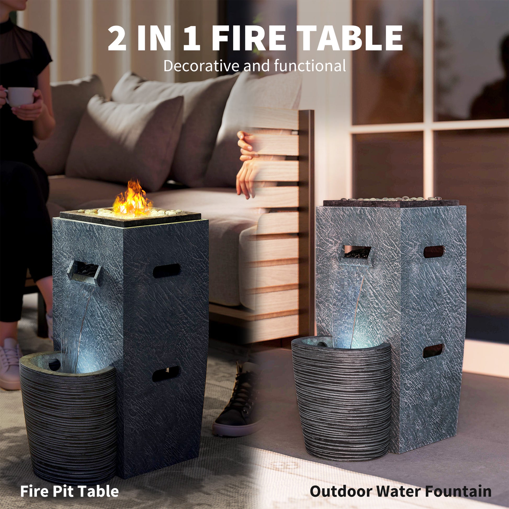 Propane Fire Pit Table with Fountain - 15000 BTU Grey-Patio & Garden > Fire Pits-DECOROLALA