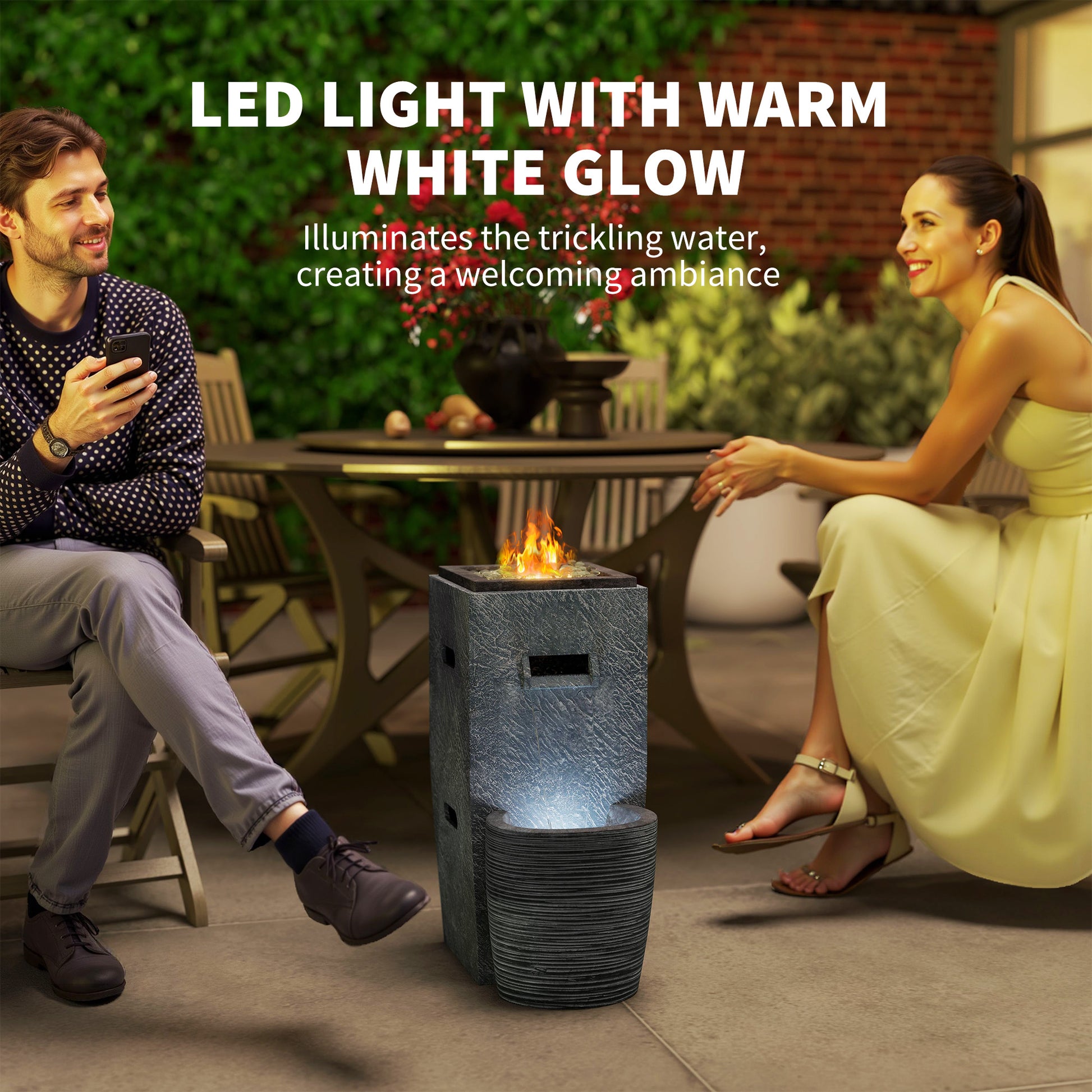 Propane Fire Pit Table with Fountain - 15000 BTU Grey-Patio & Garden > Fire Pits-DECOROLALA