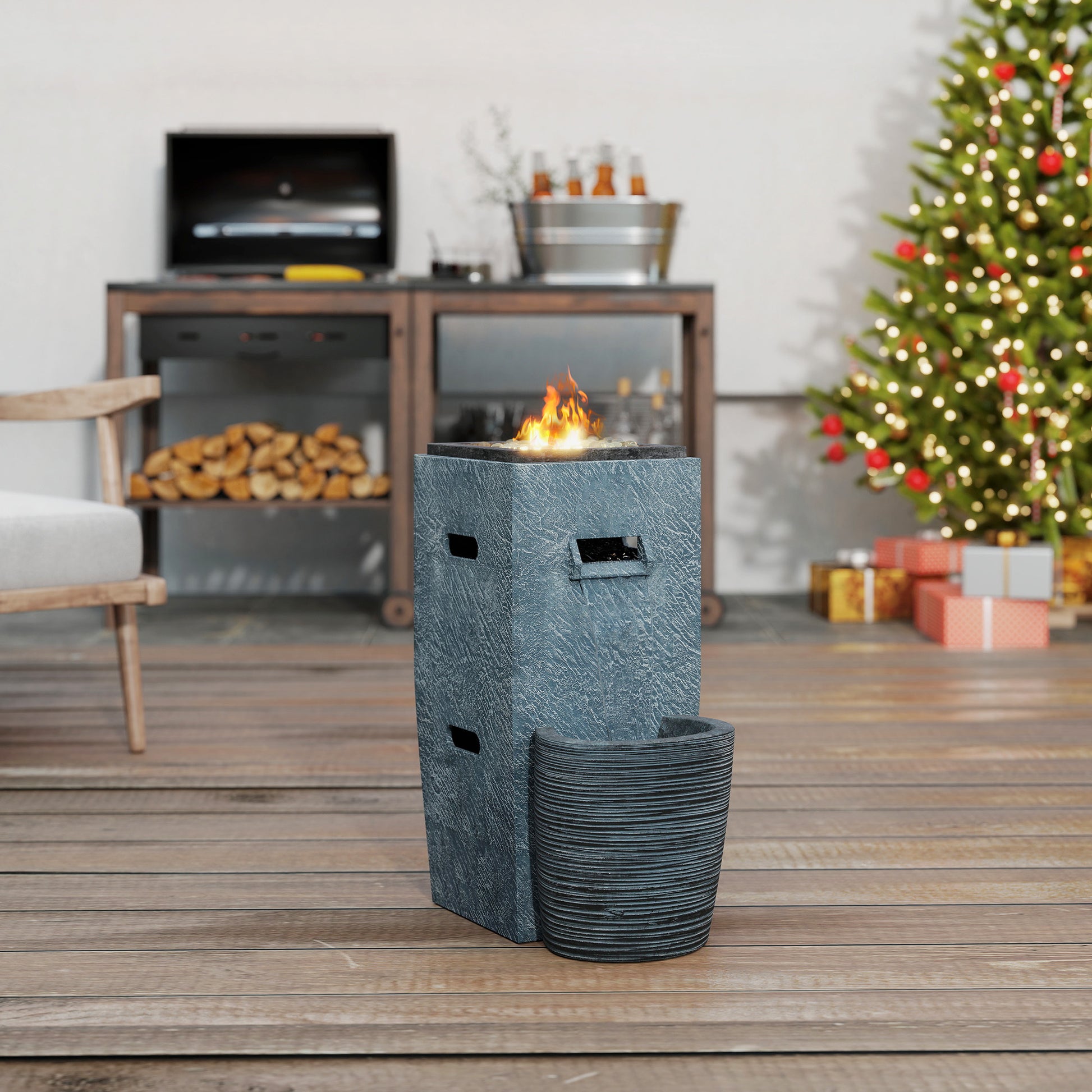 Propane Fire Pit Table with Fountain - 15000 BTU Grey-Patio & Garden > Fire Pits-DECOROLALA