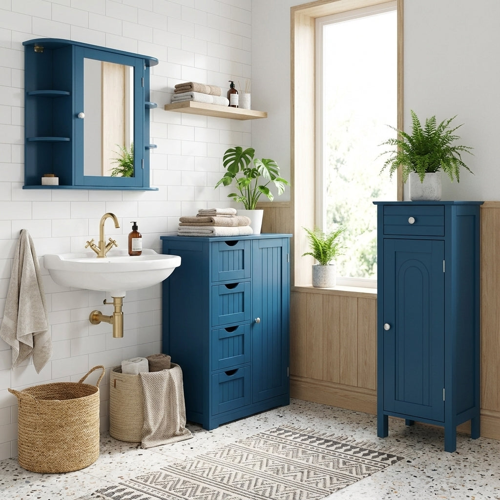 Prussian Blue 3-Piece Bathroom Cabinet Storage Set - MDF-Floor Cabinets-DECOROLALA
