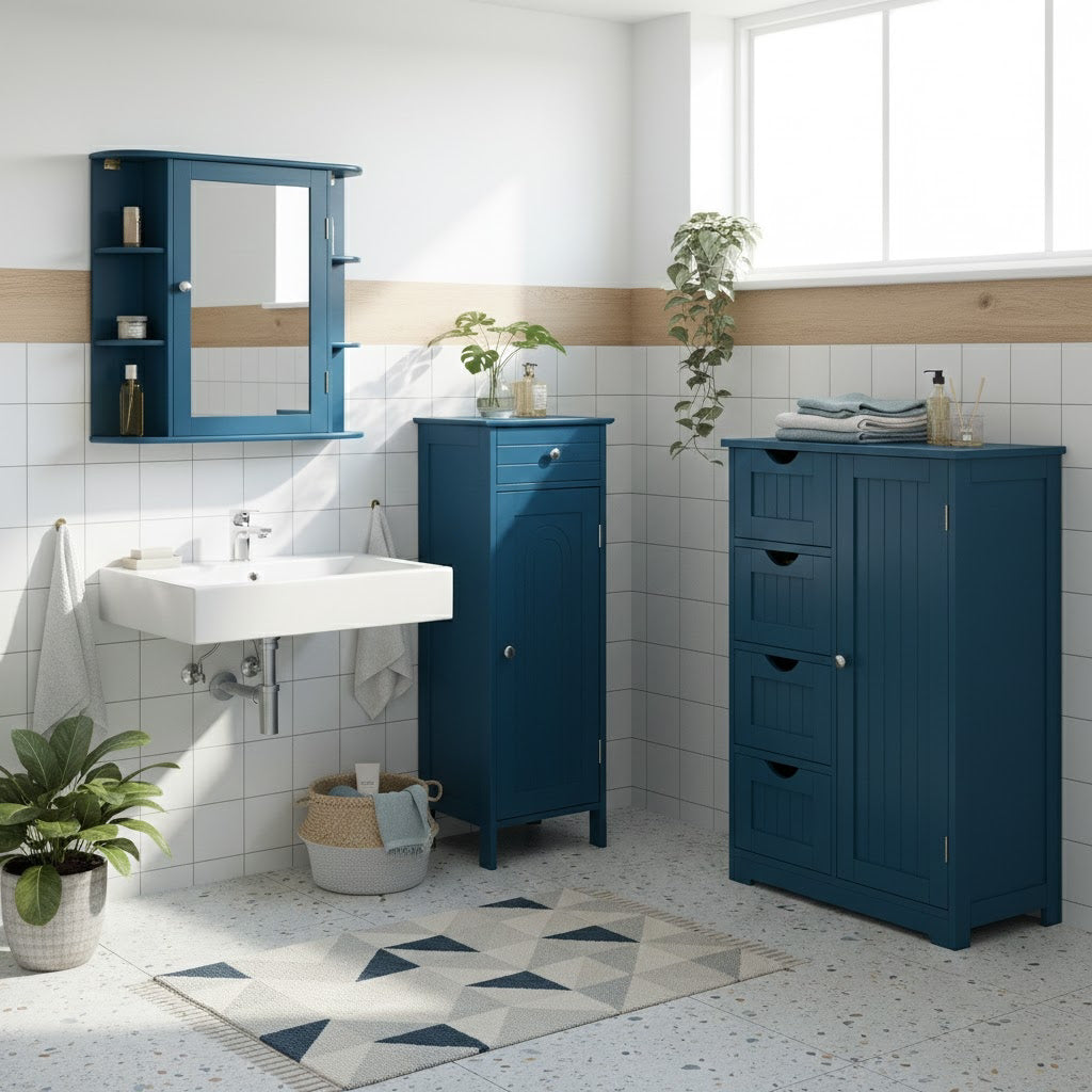 Prussian Blue 3-Piece Bathroom Cabinet Storage Set - MDF-Floor Cabinets-DECOROLALA