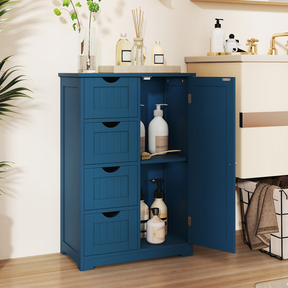 Prussian Blue 3-Piece Bathroom Cabinet Storage Set - MDF-Floor Cabinets-DECOROLALA