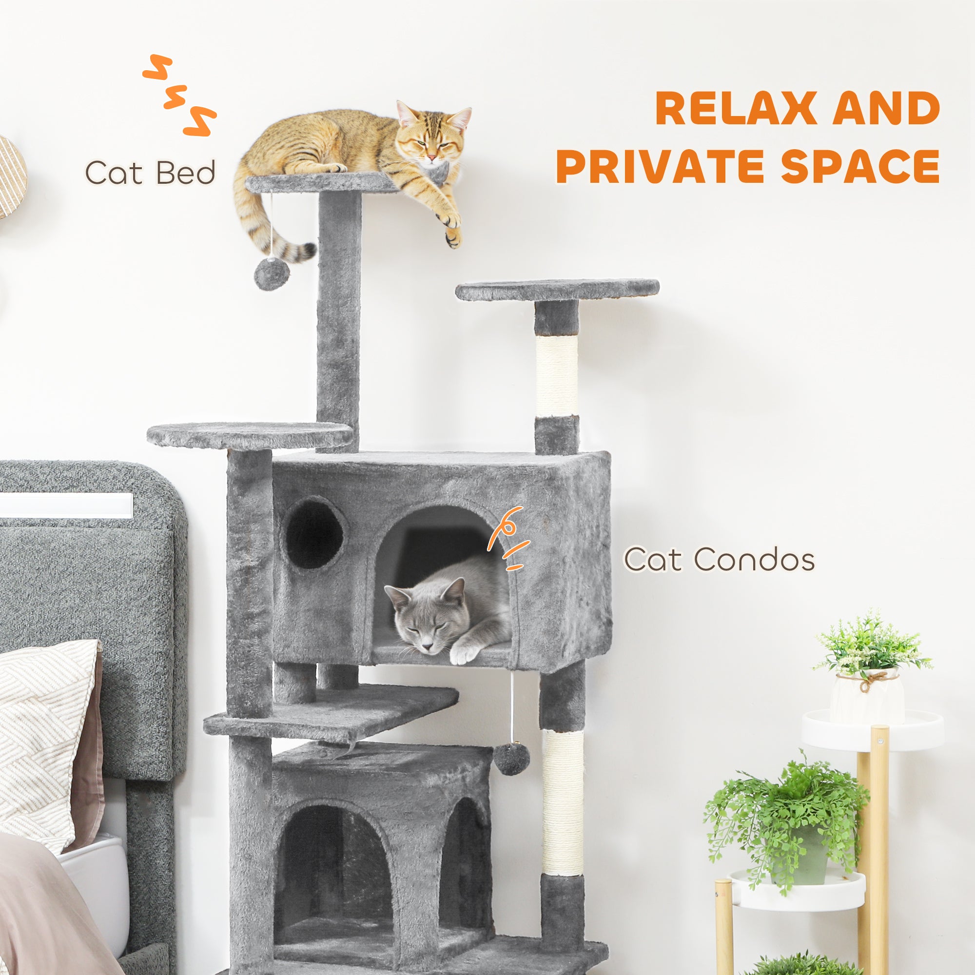 54" Cat Tree, Multi-Level Cat Tower with Scratching Posts, Cat Condos, Bed, Platforms, Ramp, Toy Ball, Light Grey