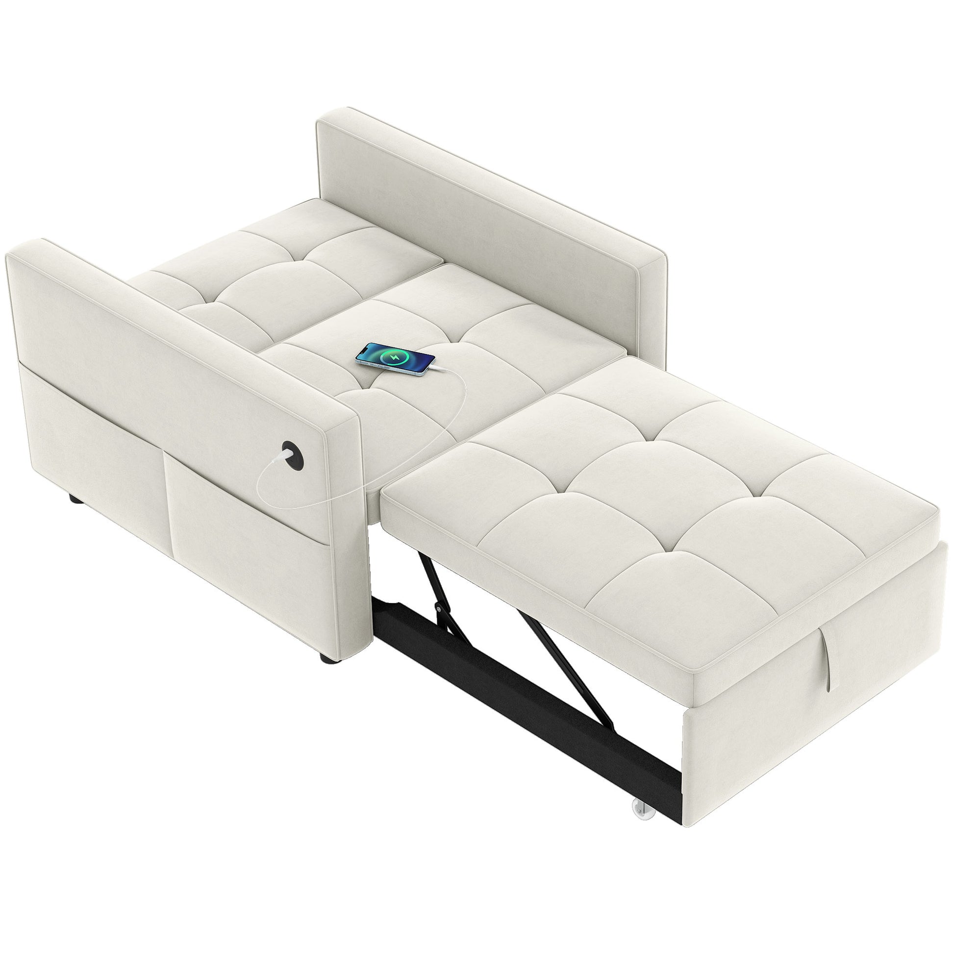 Pull-Out Chair Bed USB Cream White Velvet-DECOROLALA