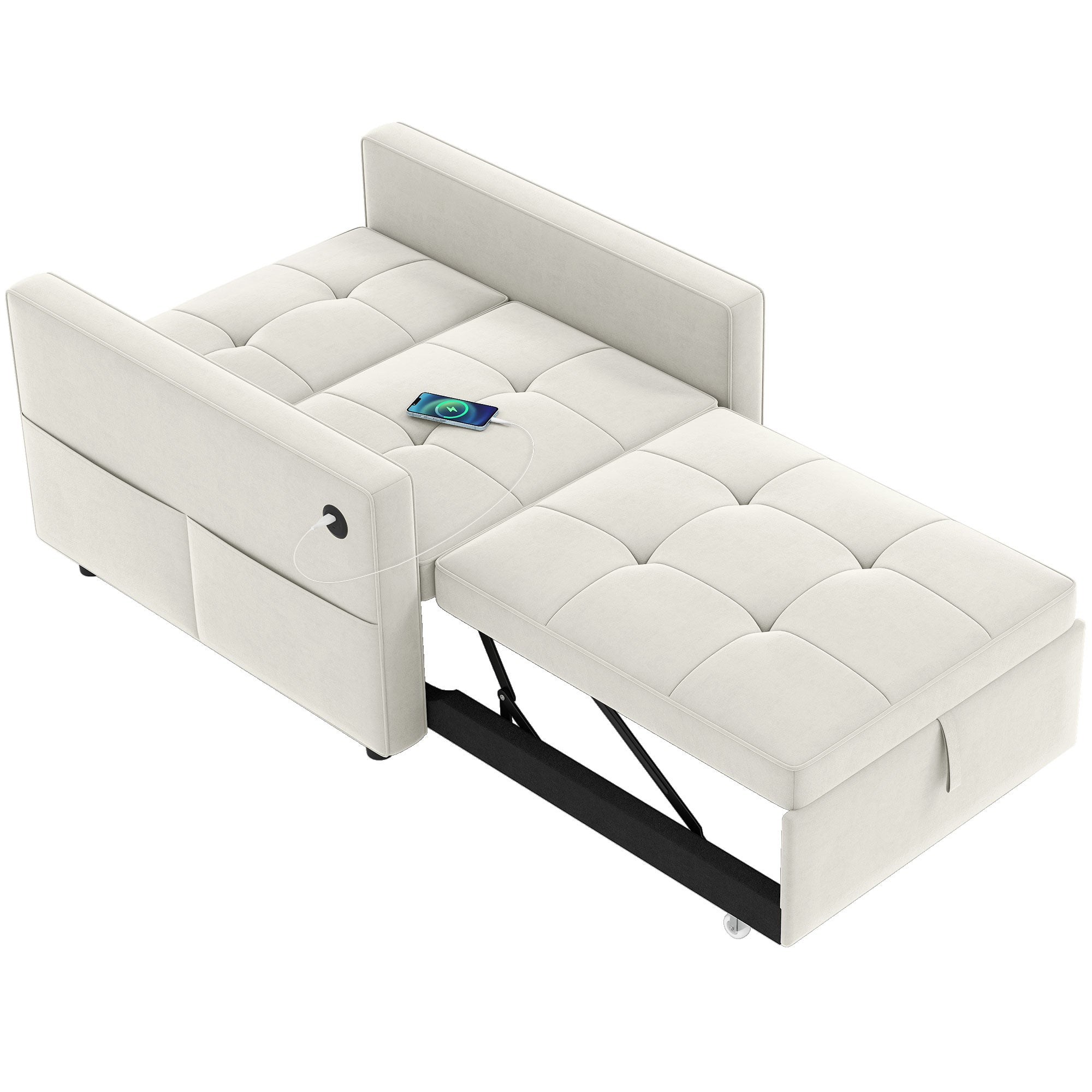 Pull-Out Chair Bed USB Cream White Velvet-DECOROLALA
