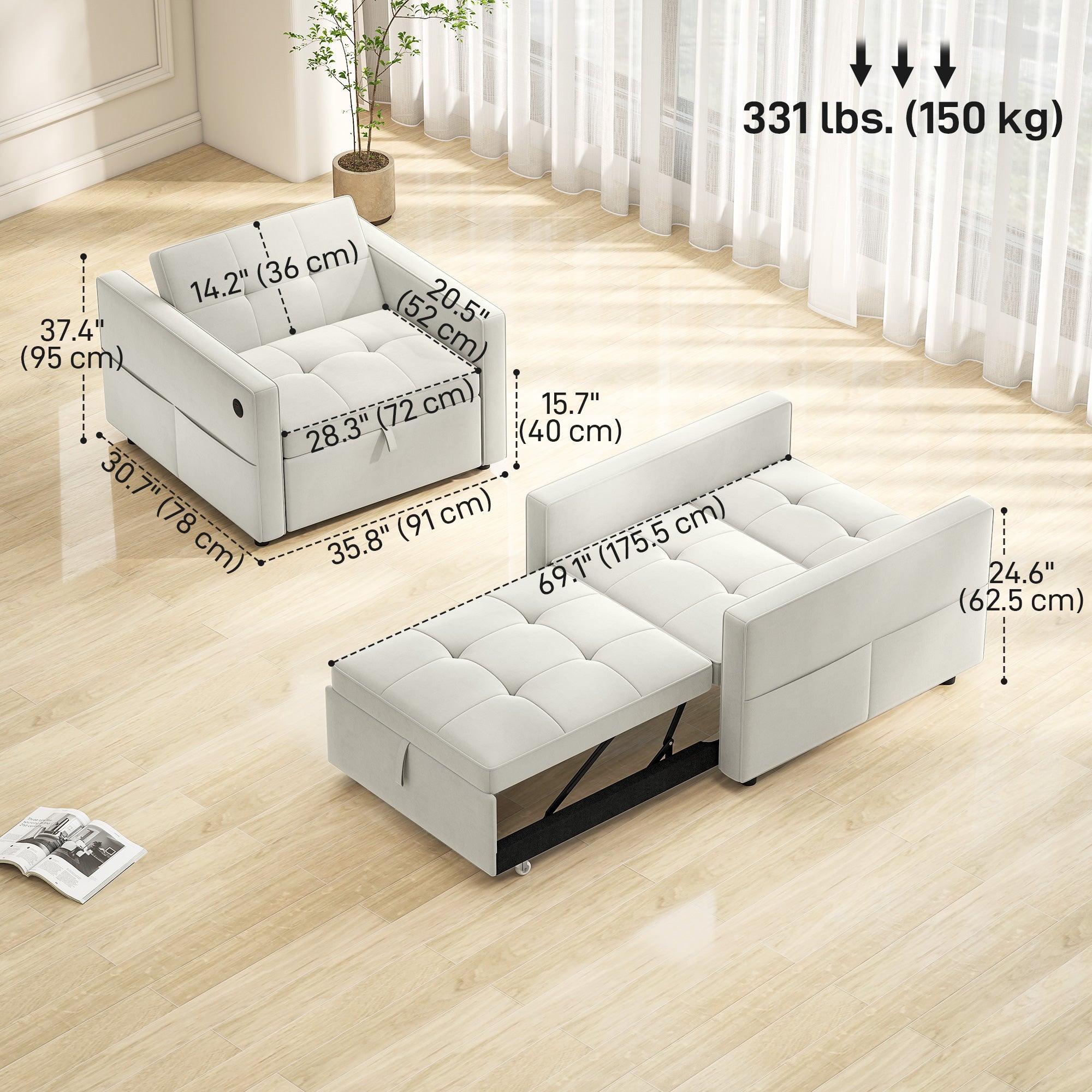 Pull-Out Chair Bed USB Cream White Velvet-DECOROLALA