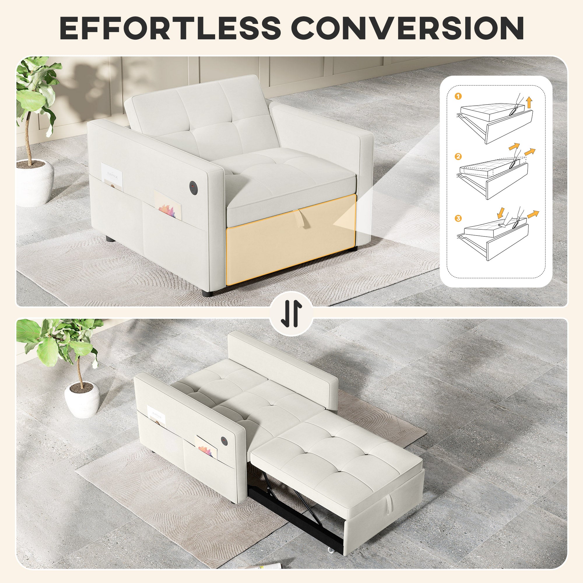 Pull-Out Chair Bed USB Cream White Velvet-DECOROLALA
