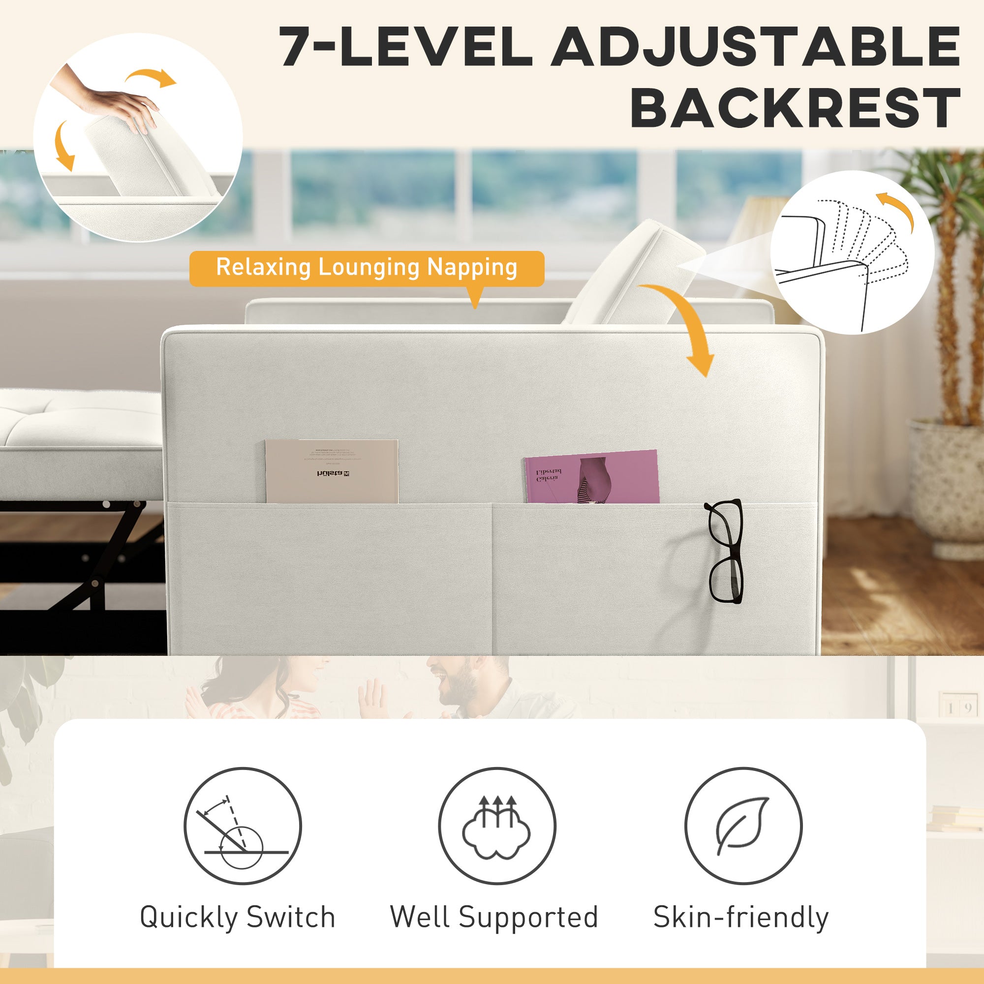 Pull-Out Chair Bed USB Cream White Velvet-DECOROLALA