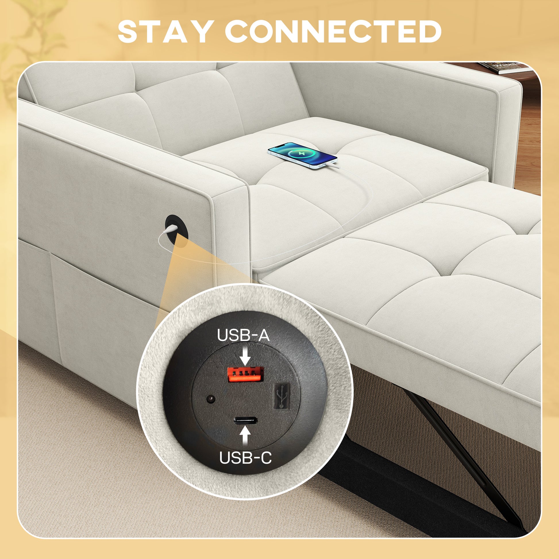 Pull-Out Chair Bed USB Cream White Velvet-DECOROLALA