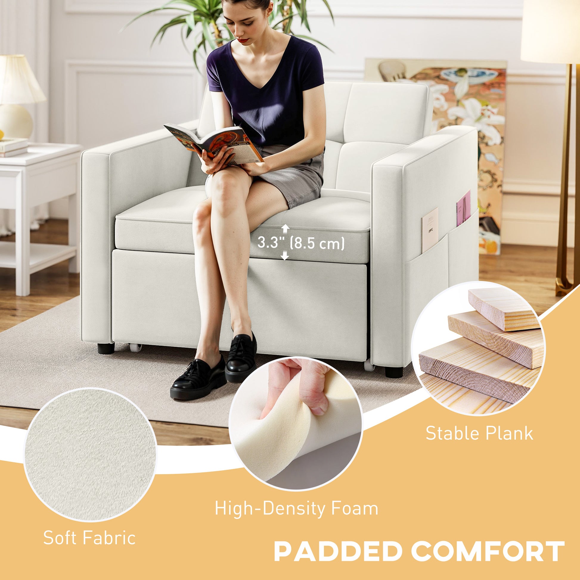 Pull-Out Chair Bed USB Cream White Velvet-DECOROLALA