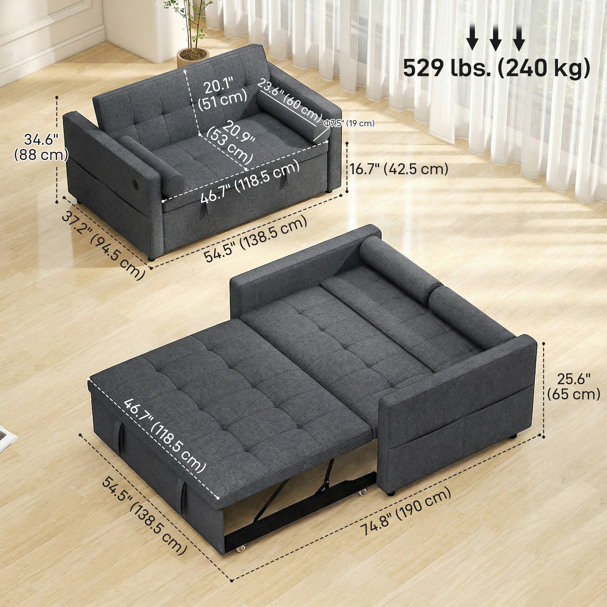 Pull Out Sofa Bed - Dark Grey USB Ports-DECOROLALA
