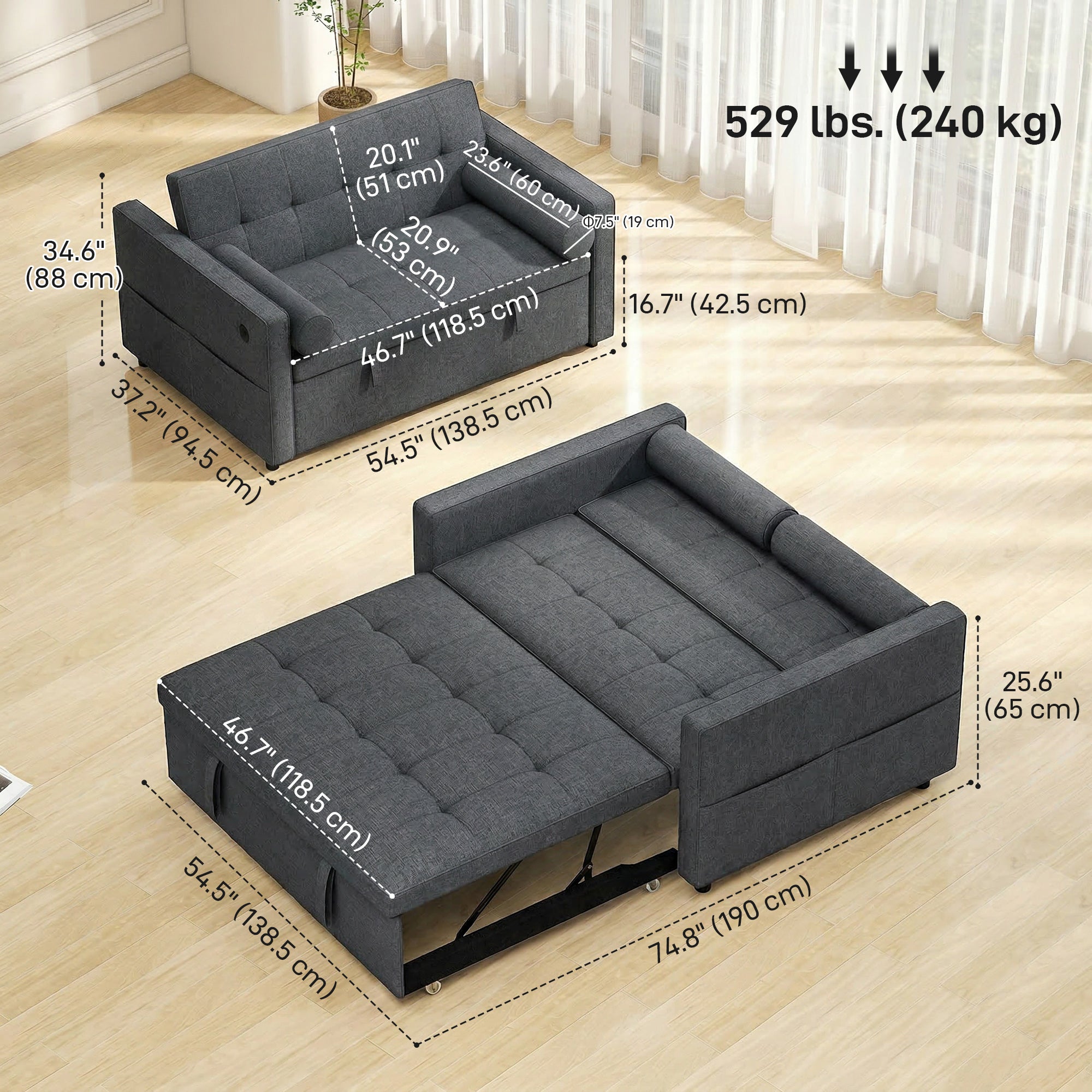 Pull Out Sofa Bed - Dark Grey USB Ports-DECOROLALA