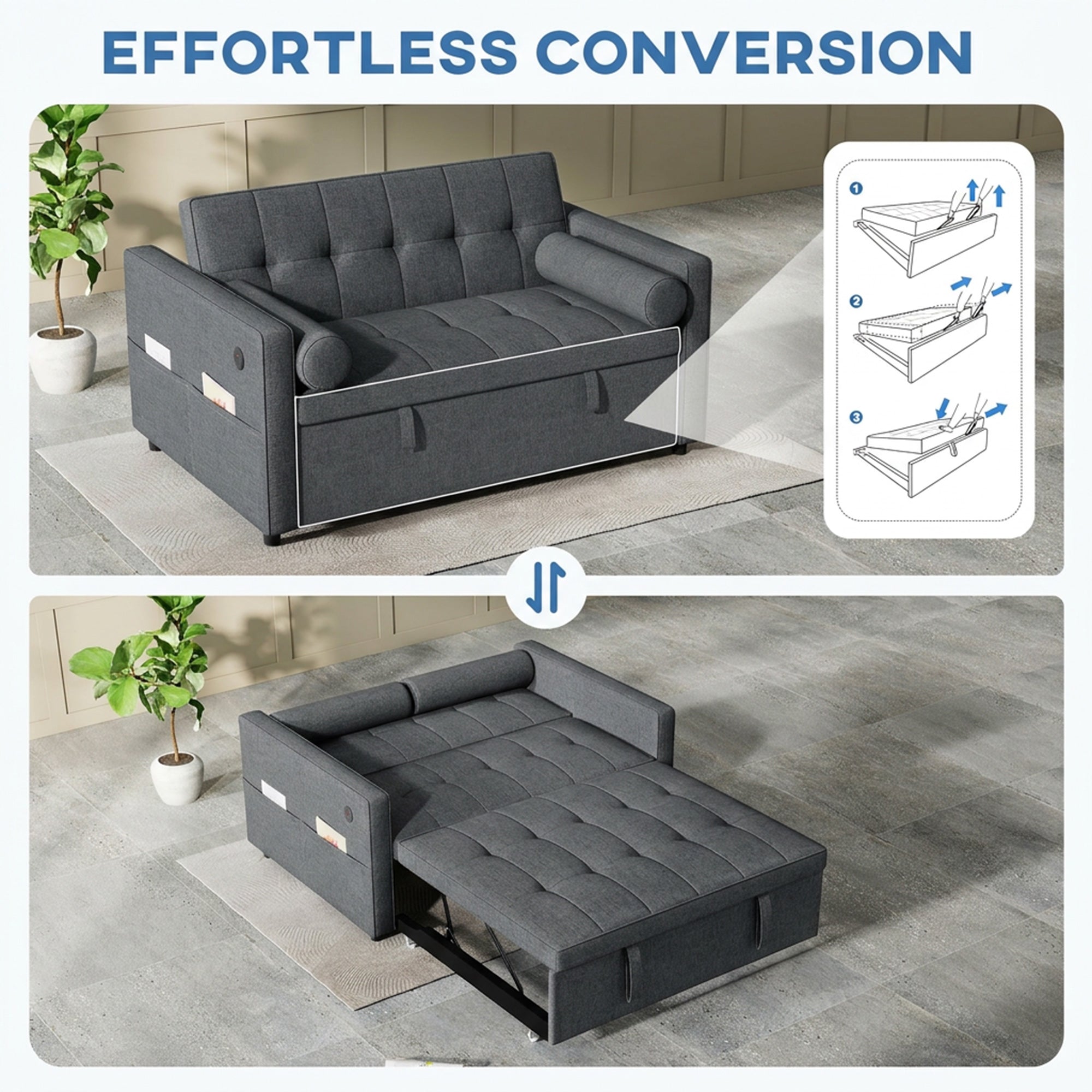 Pull Out Sofa Bed - Dark Grey USB Ports-DECOROLALA