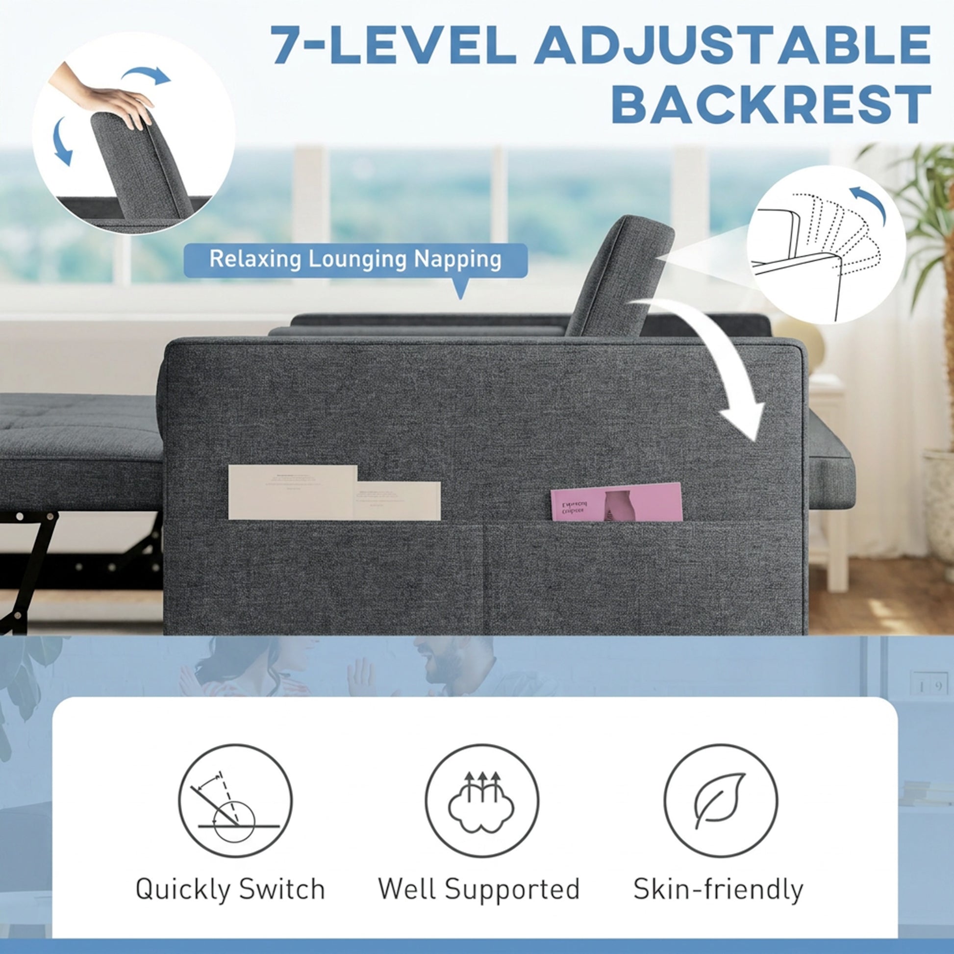 Pull Out Sofa Bed - Dark Grey USB Ports-DECOROLALA