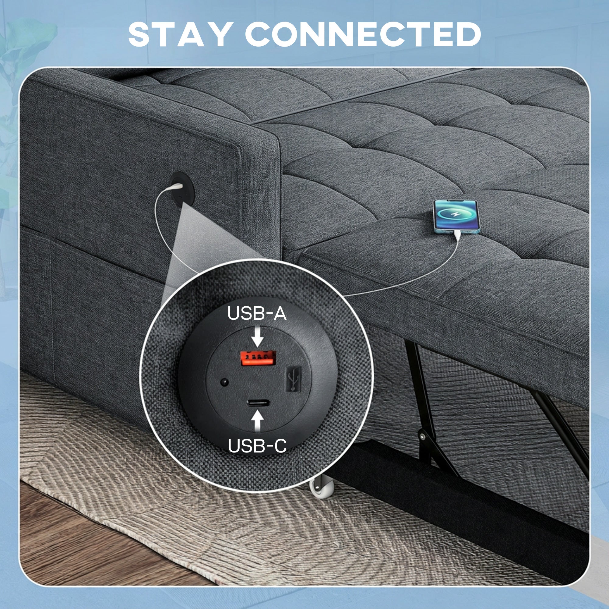 Pull Out Sofa Bed - Dark Grey USB Ports-DECOROLALA