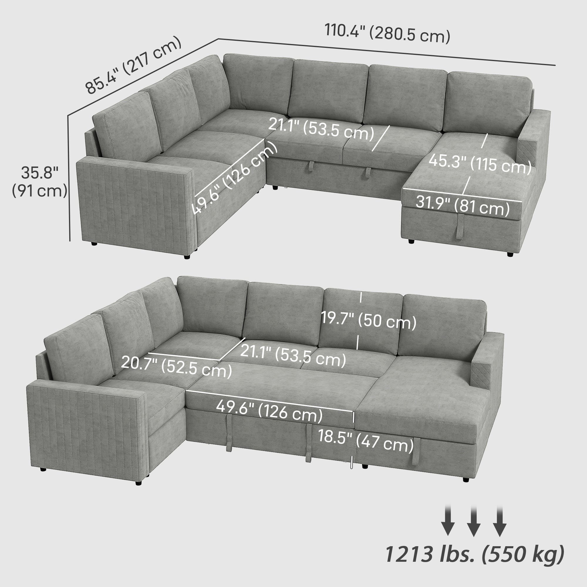 Pull Out Sofa Bed U-Shaped Grey Velvet Storage-DECOROLALA