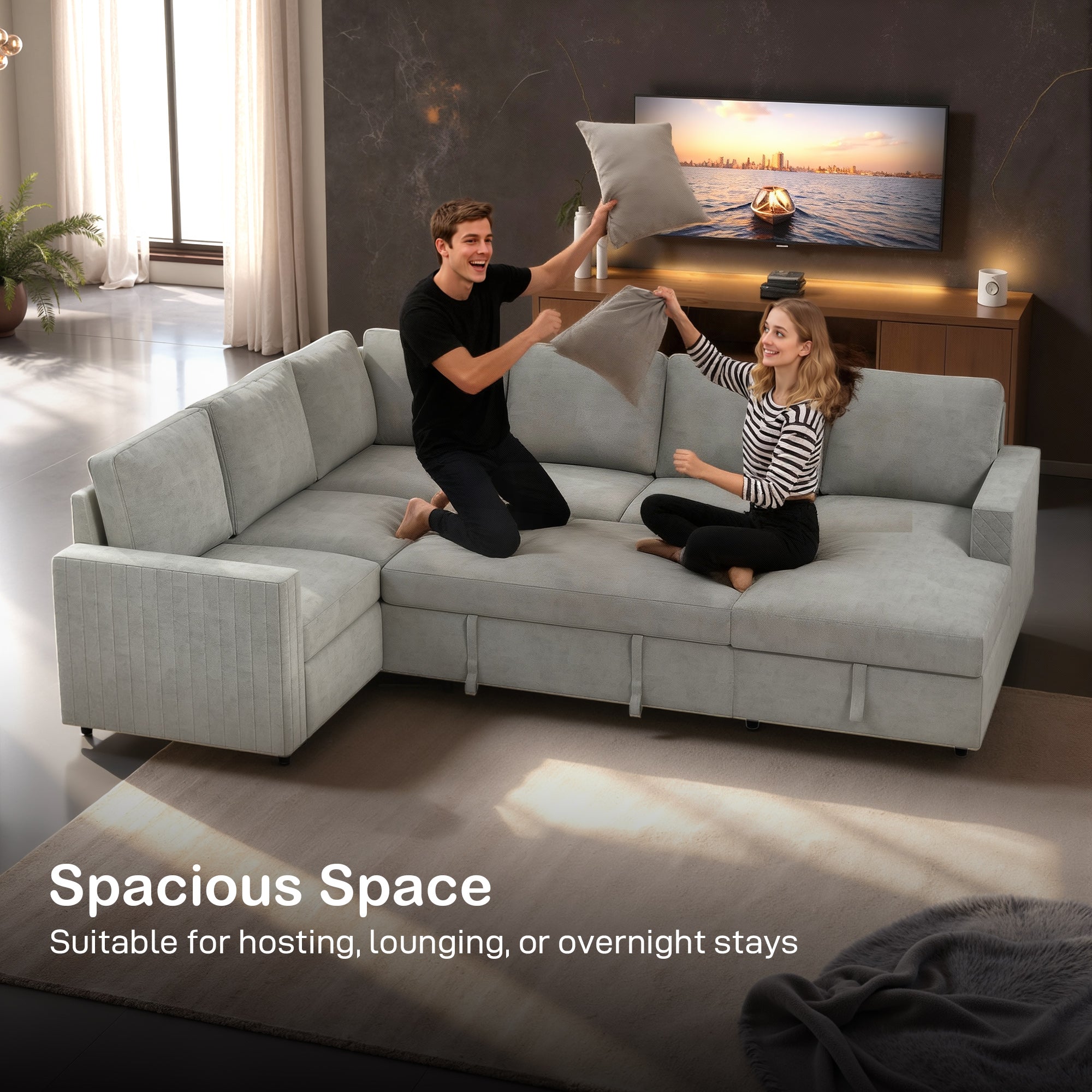 Pull Out Sofa Bed U-Shaped Grey Velvet Storage-DECOROLALA