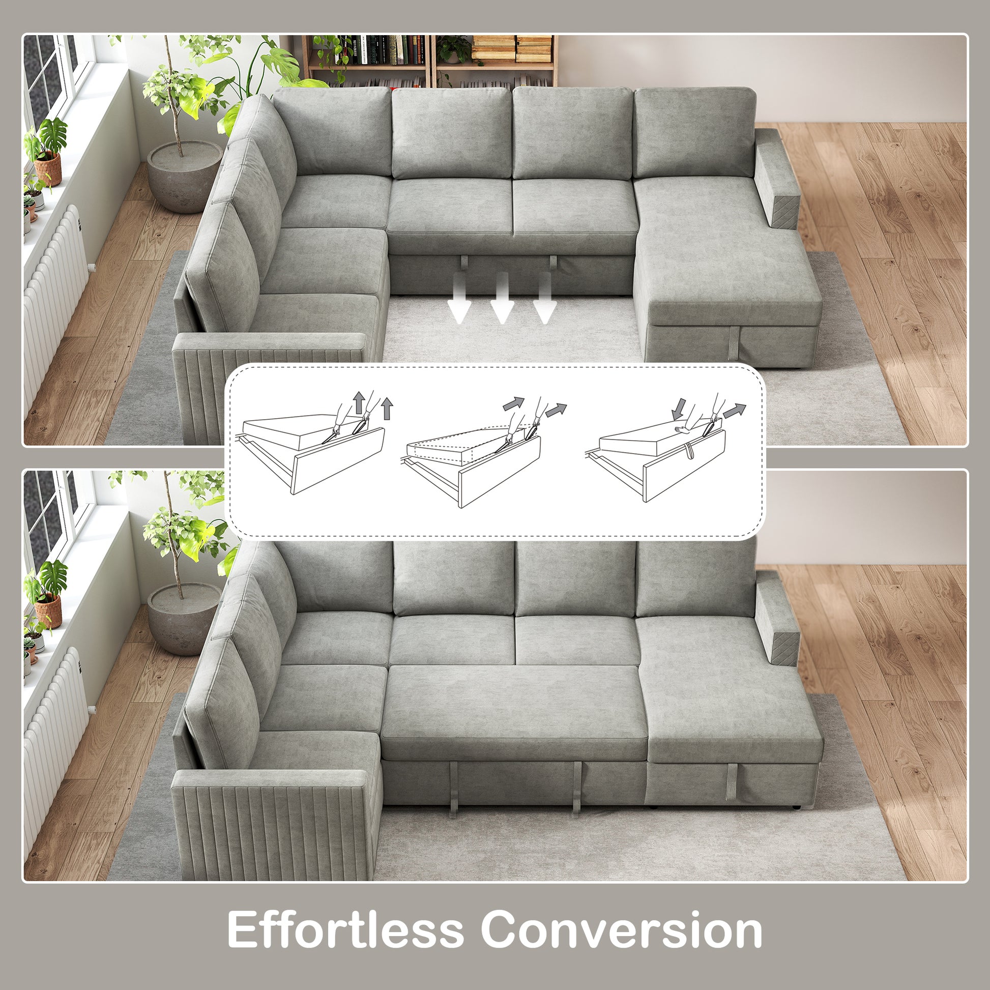 Pull Out Sofa Bed U-Shaped Grey Velvet Storage-DECOROLALA