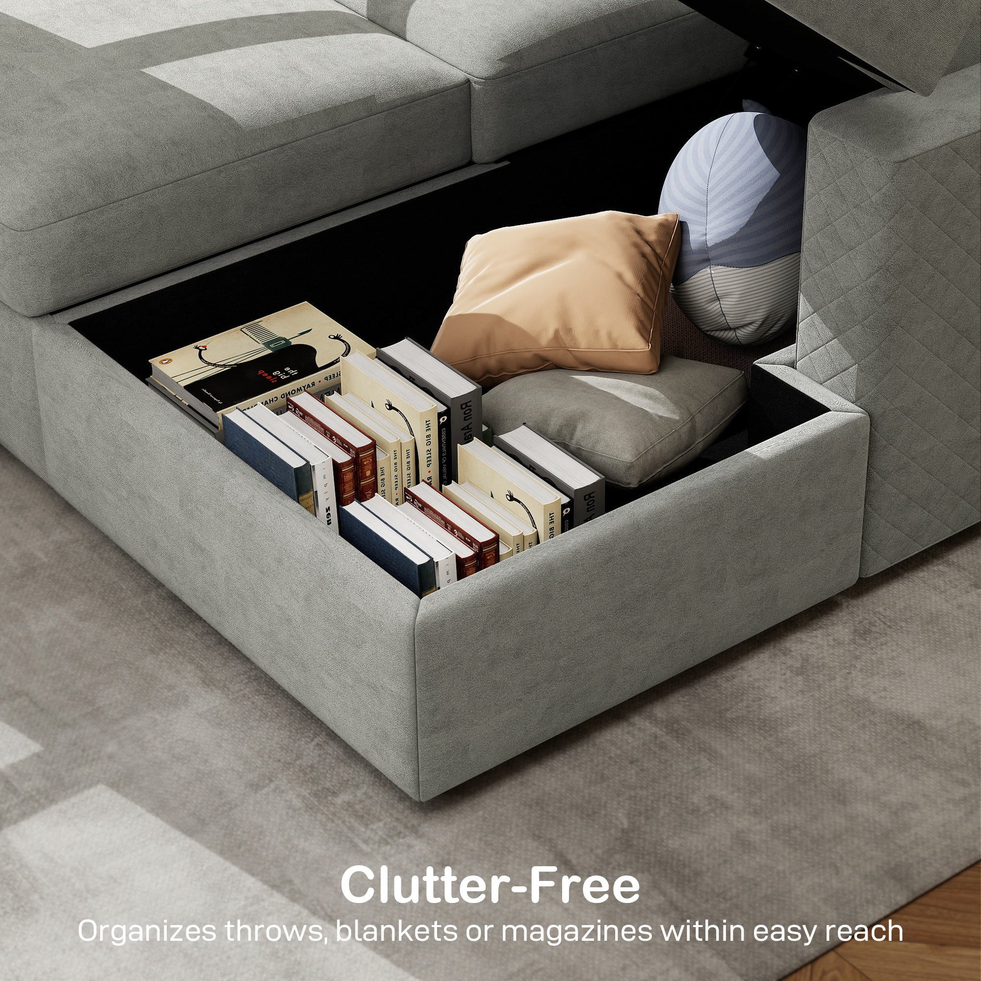 Pull Out Sofa Bed U-Shaped Grey Velvet Storage-DECOROLALA