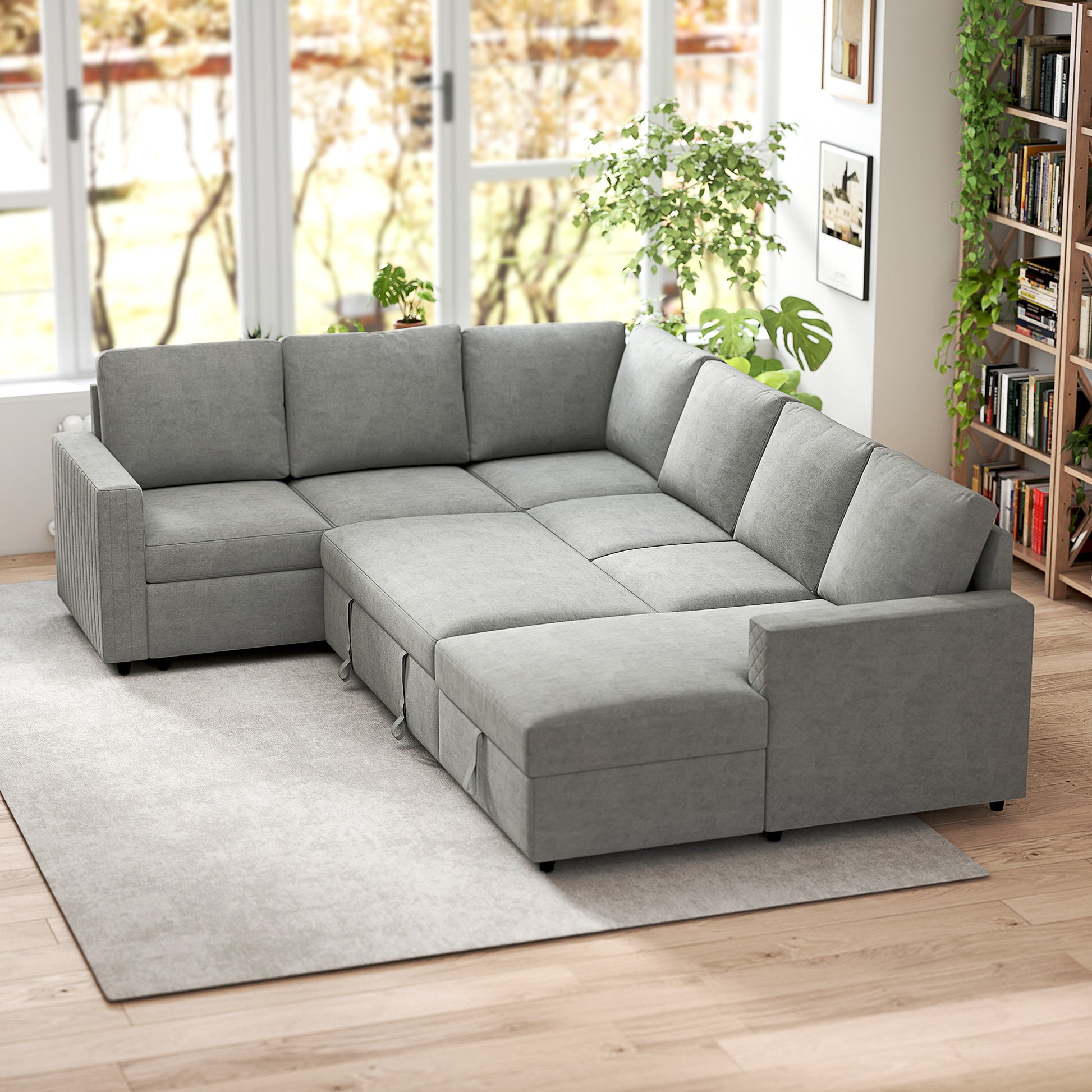 Pull Out Sofa Bed U-Shaped Grey Velvet Storage-DECOROLALA