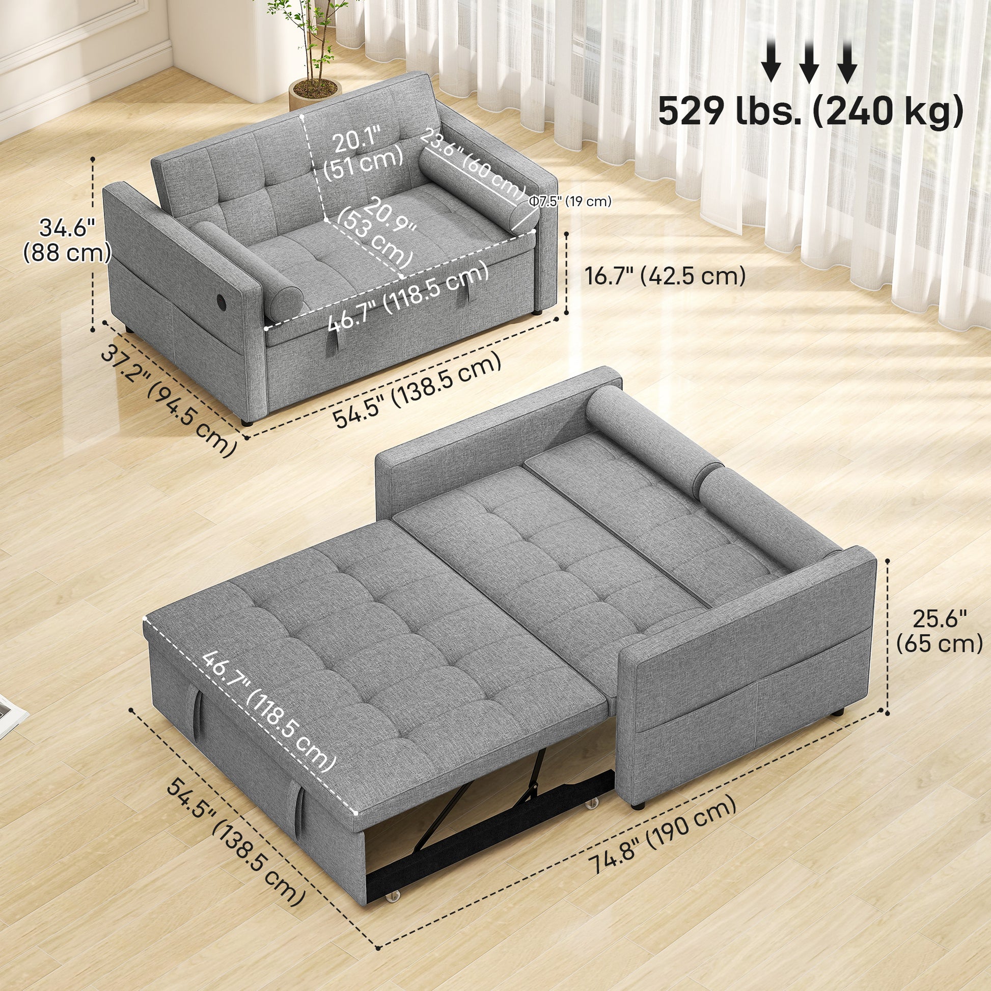 Pull Out Sofa Bed with USB Ports Grey 54"-DECOROLALA