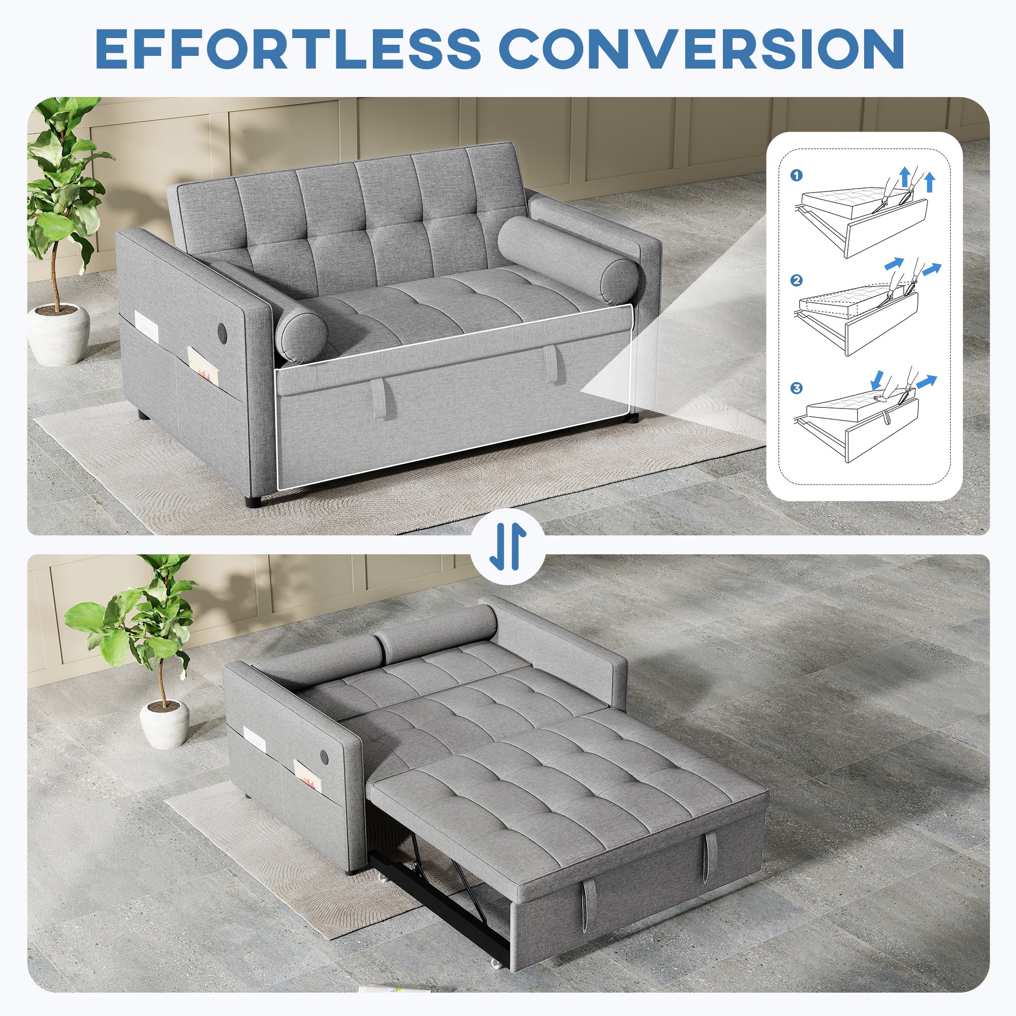 Pull Out Sofa Bed with USB Ports Grey 54"-DECOROLALA