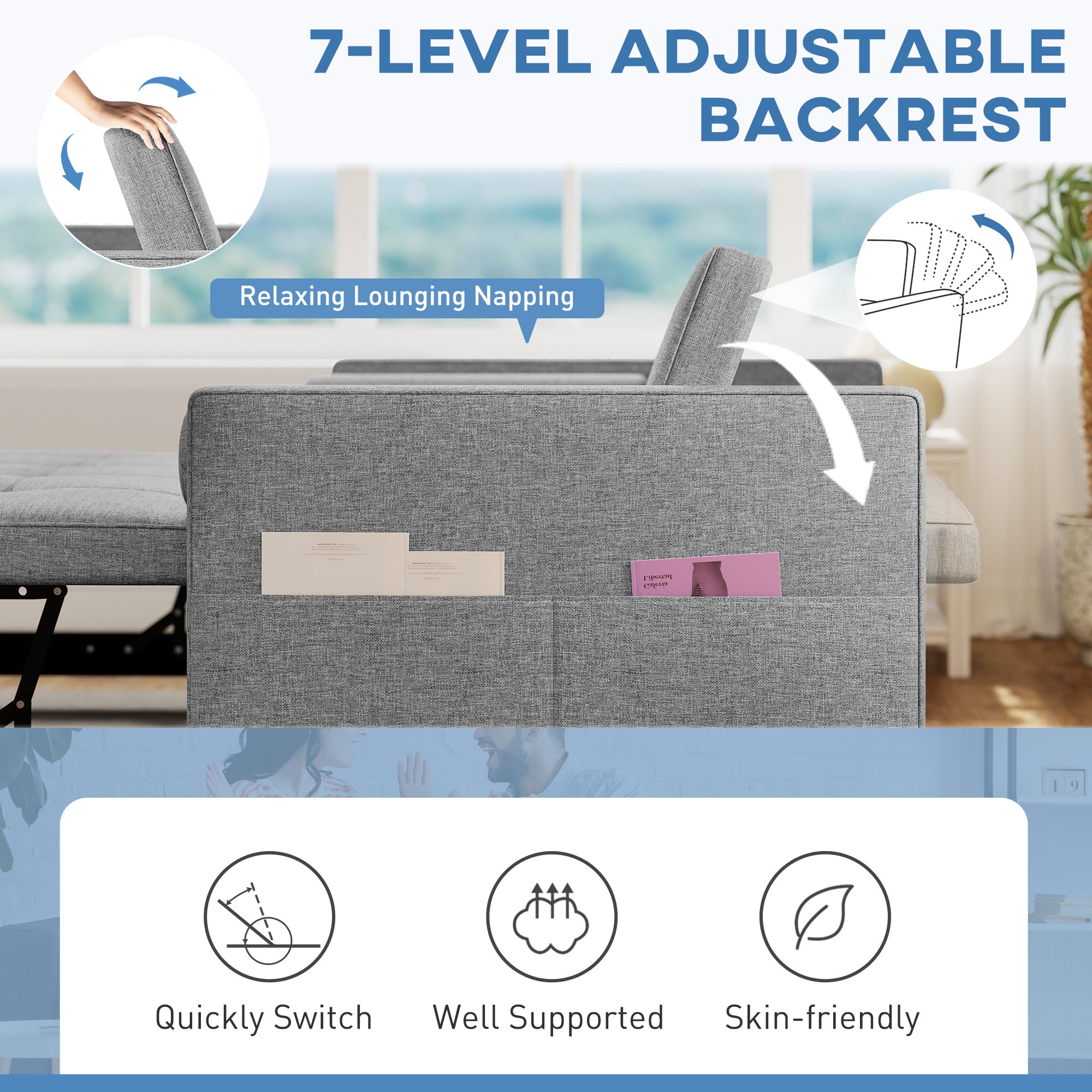 Pull Out Sofa Bed with USB Ports Grey 54"-DECOROLALA