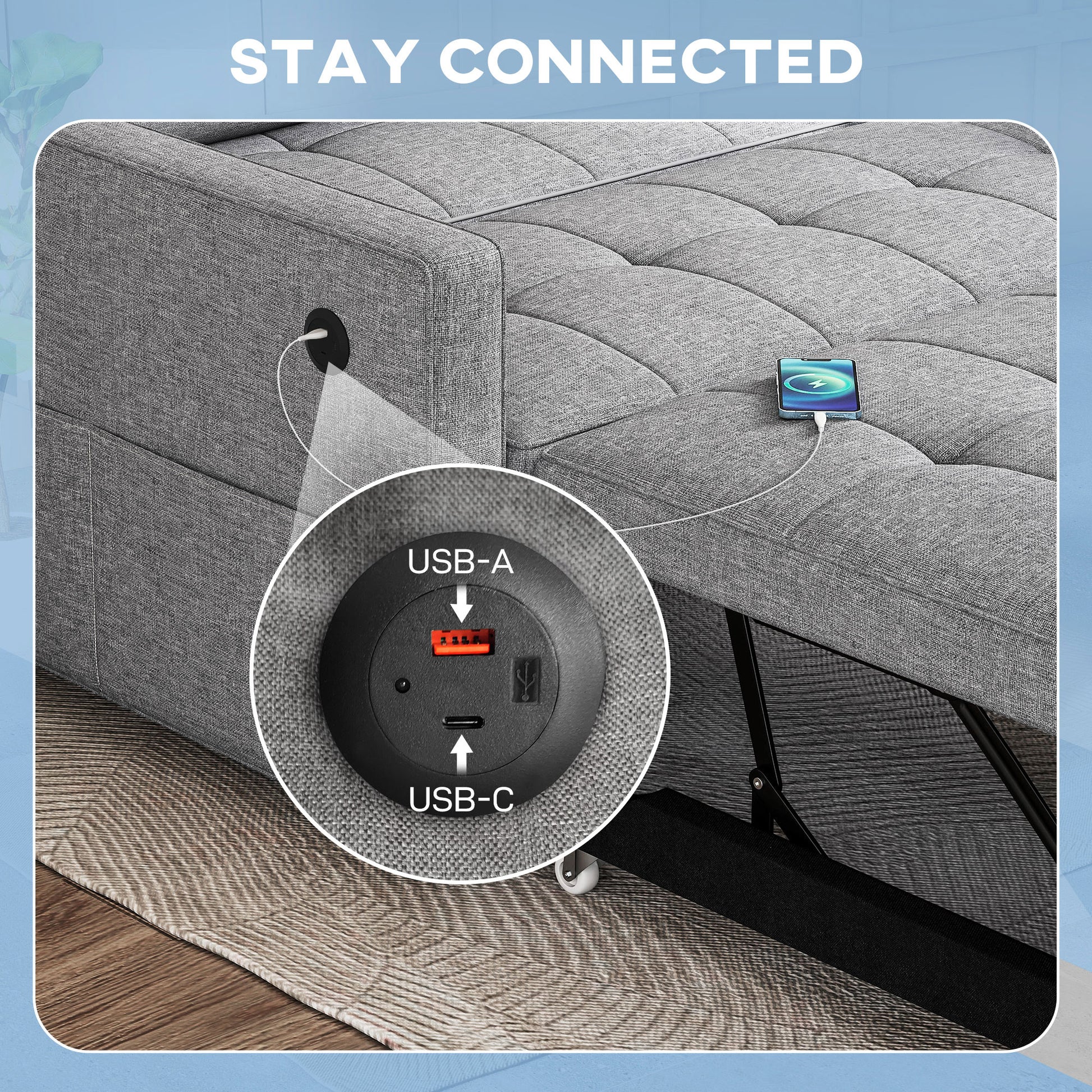 Pull Out Sofa Bed with USB Ports Grey 54"-DECOROLALA