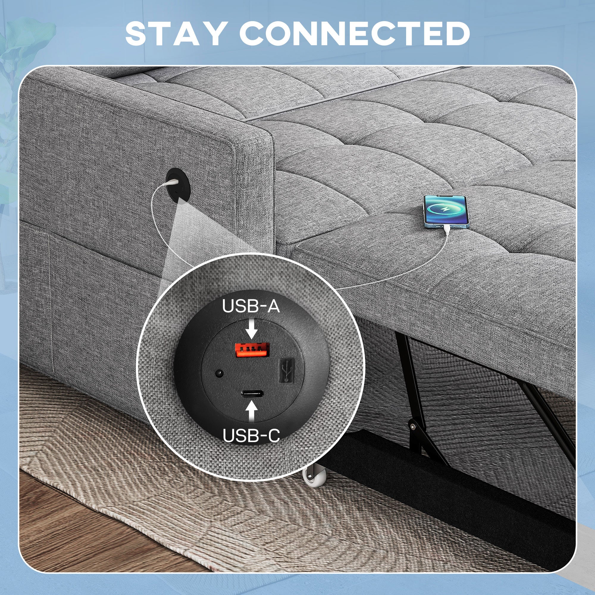 Pull Out Sofa Bed with USB Ports Grey 54"-DECOROLALA